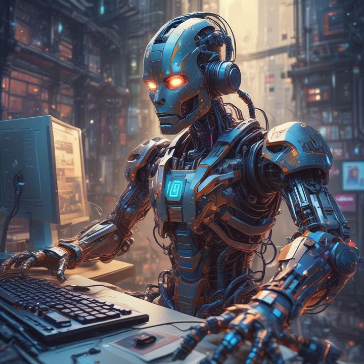 Иллюстрация: AI autonomous agent robot working computer