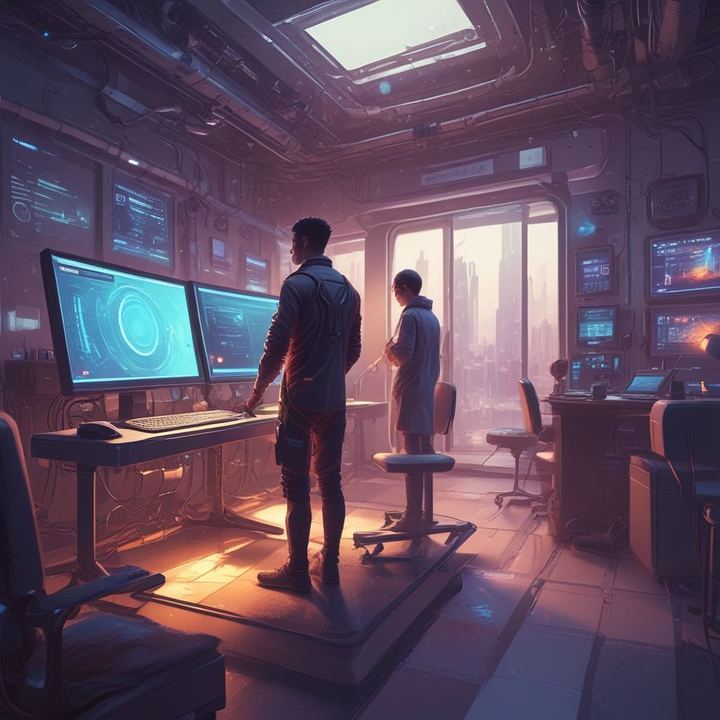 Иллюстрация: programmer coding AI assistant futuristic workspace