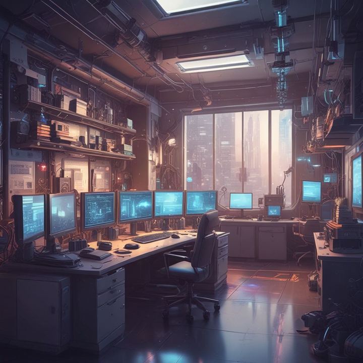 Иллюстрация: programmer coding AI assistant futuristic workspace