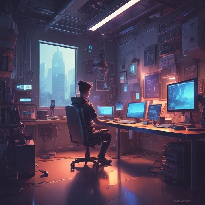 Иллюстрация: programmer coding AI assistant futuristic workspace