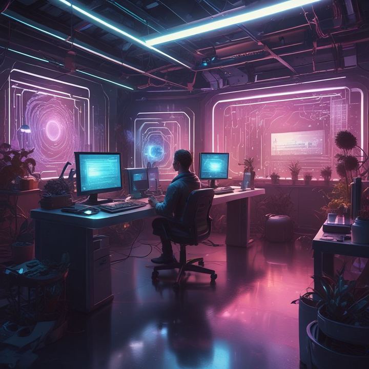 Иллюстрация: programmer coding AI assistant futuristic workspace