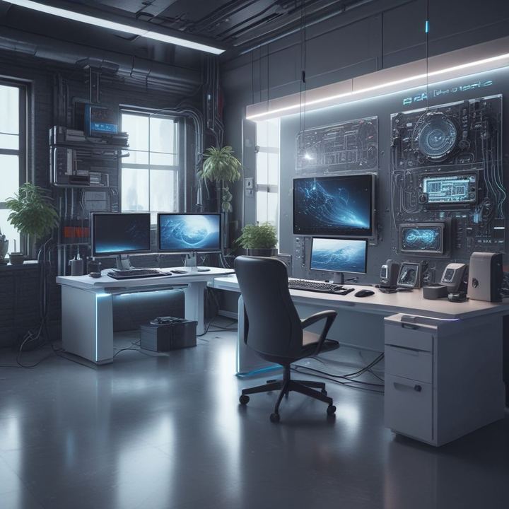 Иллюстрация: programmer coding AI assistant futuristic workspace